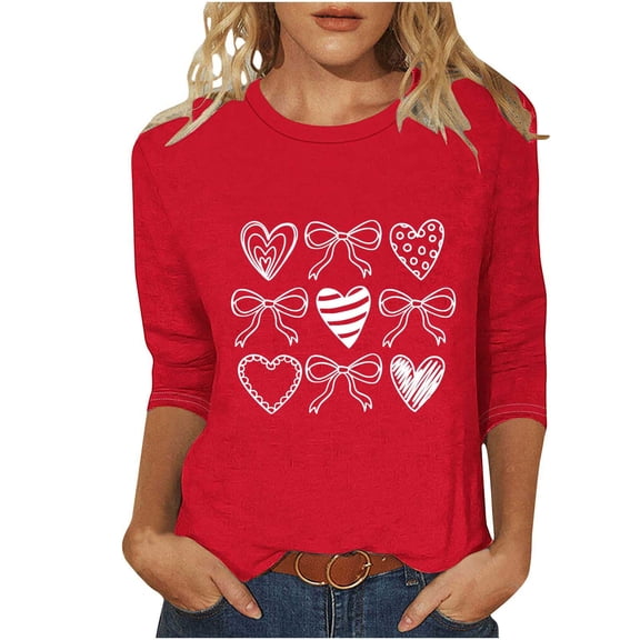 BLVB Womens 3/4 Sleeve Crew Neck Valentine T Shirts Heart Printed Graphic Basic Tee Tops Spring Fall Fashion Shirts