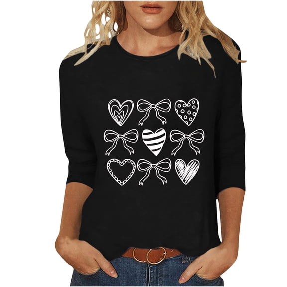 BLVB Womens 3/4 Sleeve Crew Neck Valentine T Shirts Heart Printed Graphic Basic Tee Tops Spring Fall Fashion Shirts