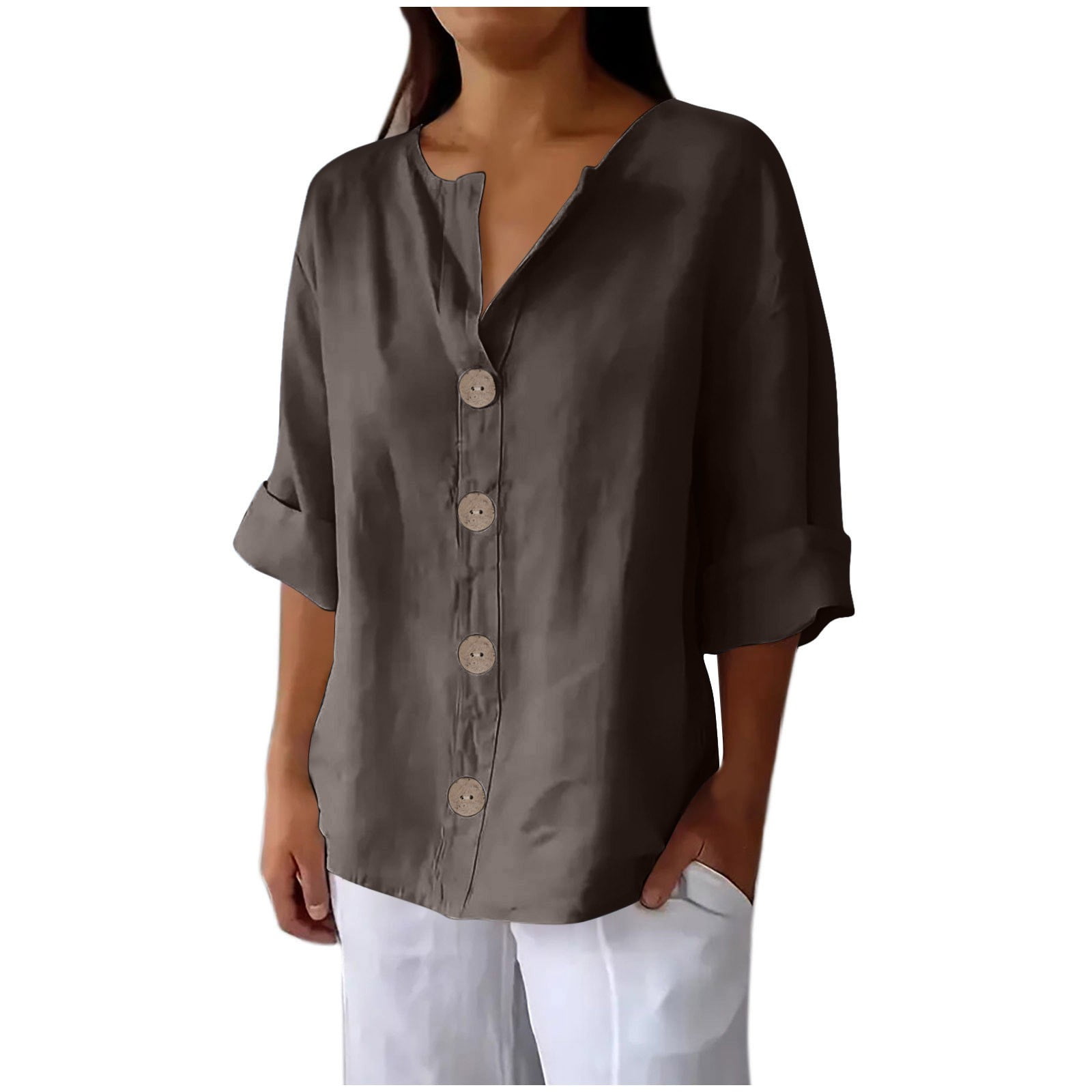 BLVB Cotton Linen Shirts for Women Boho Button down 3/4 Sleeve Blouses ...