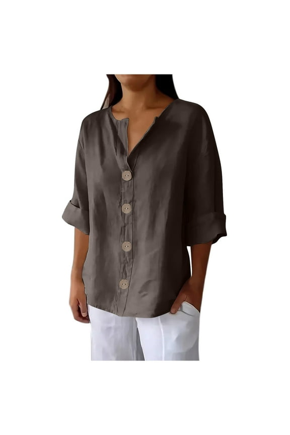 Cotton Linen Shirts for Women Boho Button down 3/4 Sleeve Blouses Summer Fall Tunic Tops Casual Loose Beach Vacation Outfits