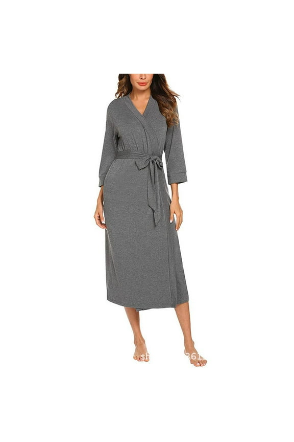 Womens 3/4 Sleeve Robes Bathrobe V Neck Soft Lightweight Belted Long Dress Loungewear with Pockets