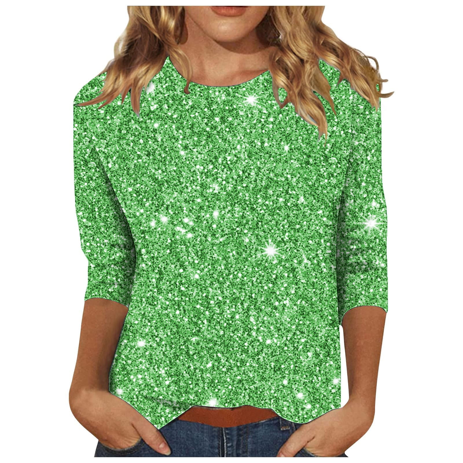 BLVB Womens 3/4 Sleeve Sparkly Shirts Casual Crewneck Summer Shimmer