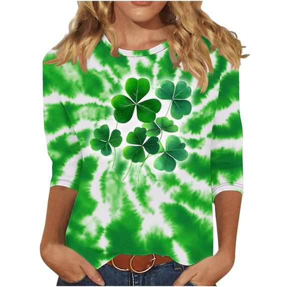 BLVB Womens 3/4 Sleeve St. Patrick's Day T-Shirts Shamrock Crew Neck Spring Graphic Tee Tops Casual Fashion Shirts