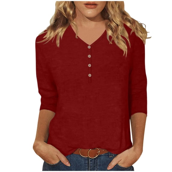 BLVB Womens 3/4 Sleeve T-Shirts V Neck Buttons Tops Basic Tee Solid Color Tunic Tee Blouse Loose Pullover Fall Shirts