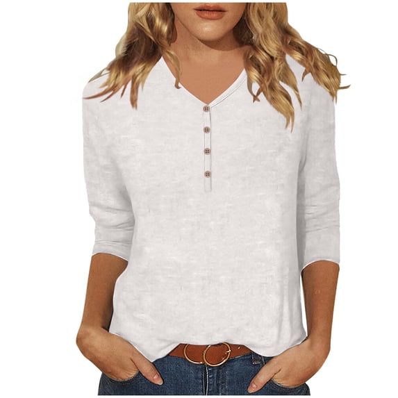 BLVB Womens 3/4 Sleeve T-Shirts V Neck Buttons Tops Basic Tee Solid Color Tunic Tee Blouse Loose Pullover Fall Shirts