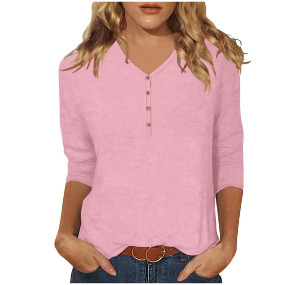 BLVB Womens 3/4 Sleeve T-Shirts V Neck Buttons Tops Basic Tee Solid Color Tunic Tee Blouse Loose Pullover Fall Shirts