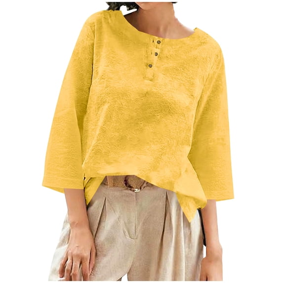 BLVB Womens 3/4 Sleeve Tops Cotton Linen Shirts Crew Neck Casual Loose Fit Blouses Spring Summer Fashion Clothes