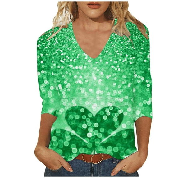 BLVB Womens 3/4 Sleeve Tshirt St Patricks Day Tees Shirt Shamrock Tops Casual V Neck Blouse Tops Green 5