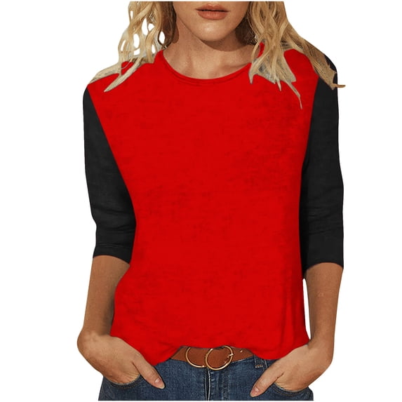 BLVB Womens 3/4 Sleeve Tunic Tops Trendy Color Block Crewneck Spring T-Shirts Casual Loose Comfy Going out Tee Shirts