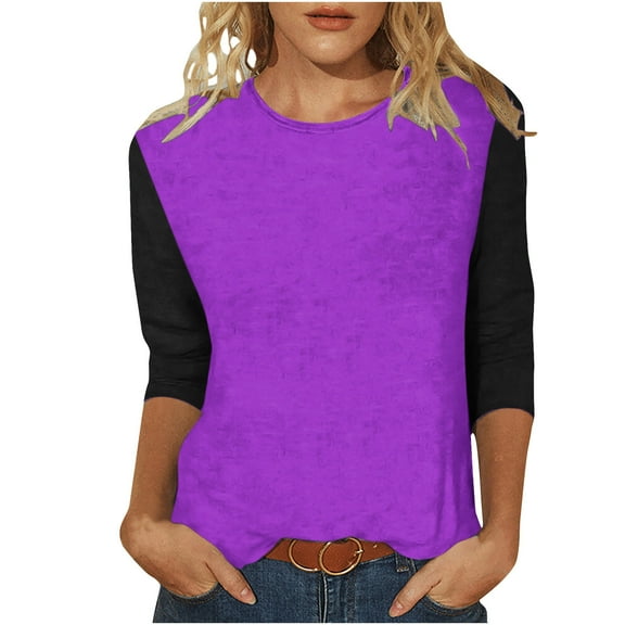 BLVB Womens 3/4 Sleeve Tunic Tops Trendy Color Block Crewneck Spring T-Shirts Casual Loose Comfy Going out Tee Shirts