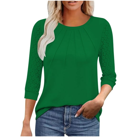 BLVB Womens 3/4 Sleeve Tunic Tops to Wear with Legings Crewneck Pleated Front Dressy Casual Blouses Plain Spring Summer Tee Shirts