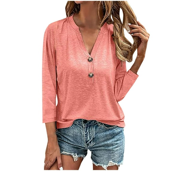 BLVB Womens 3/4 Sleeve V Neck T Shirt Buttons Tops Long Sleeve Tee Solid Color Blouse Loose Tshirts Ladies Fall Tunic