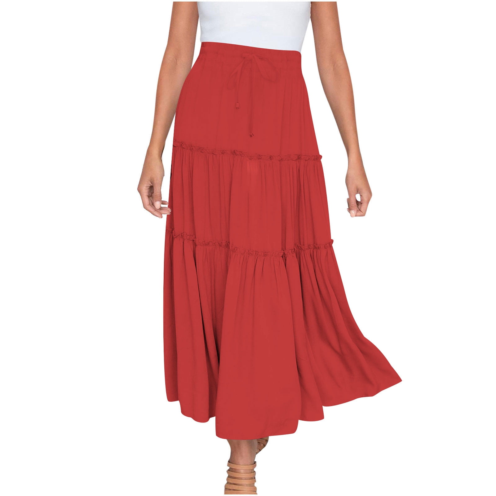 Women's Plus Size Swing Maxi Skirt Elastic High Waist Boho Flowy Casual Aline Long Beach Skirts