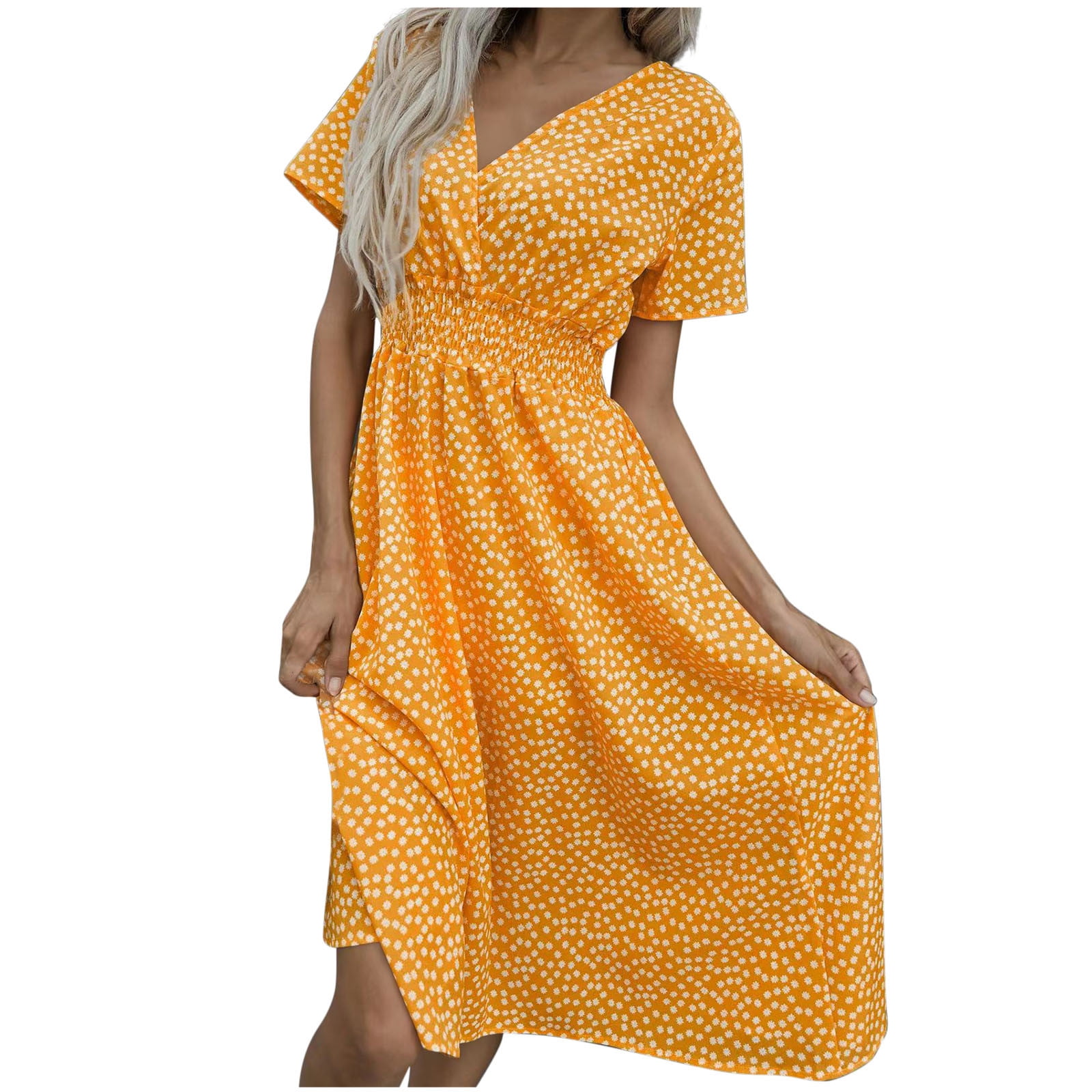 BLVB Womens Boho Summer Dresses V Neck Elastic Waist Floral Print ...