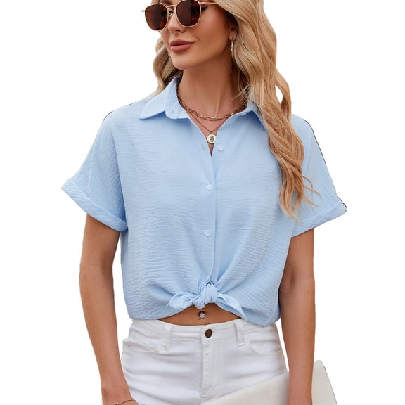 BLVB Womens Button down Cropped Shirts Short Sleeve Casual Crop Tops Plain Lapel Blouse Shirt Summer Clothes Blue