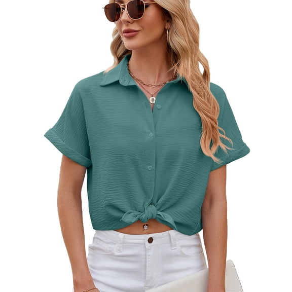 BLVB Womens Button down Cropped Shirts Short Sleeve Casual Crop Tops Plain Lapel Blouse Shirt Summer Clothes Green