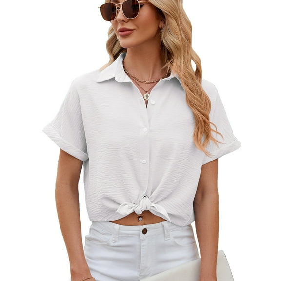 BLVB Womens Button down Cropped Shirts Short Sleeve Casual Crop Tops Plain Lapel Blouse Shirt Summer Clothes White