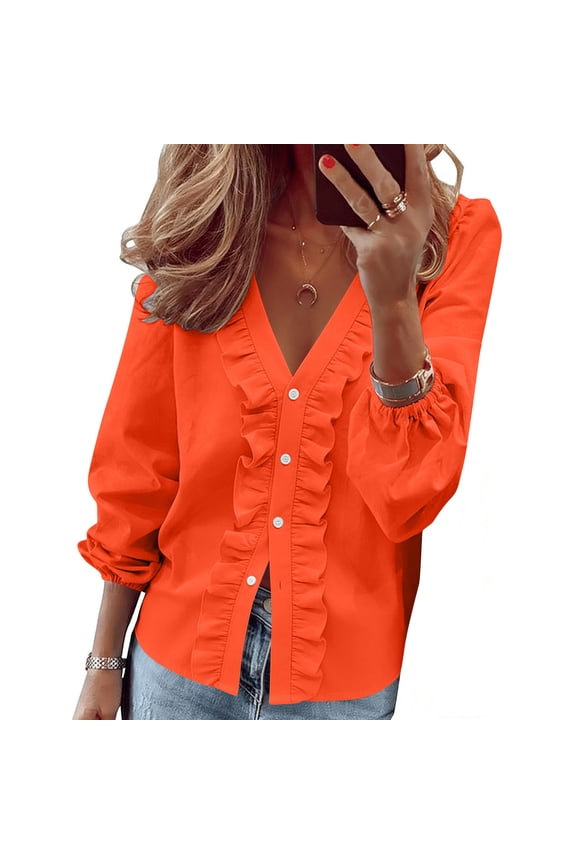 Womens Button down Shirt V Neck Ruffle Top Plain Long Lantern Sleeve Blouses Casual Work Tops for Women Trendy