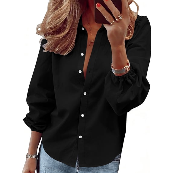 BLVB Womens Button down Shirts Lantern Long Sleeve Blouse Business Casual Work Tops Spring Fall Fashion Outfits