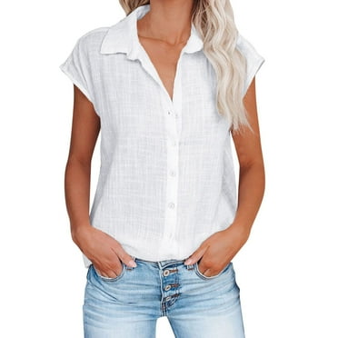 BLVB Womens Button down Shirts Solid Color Short Sleeve Cotton Linen Summer Causal Blouses Tops Beach Outfits