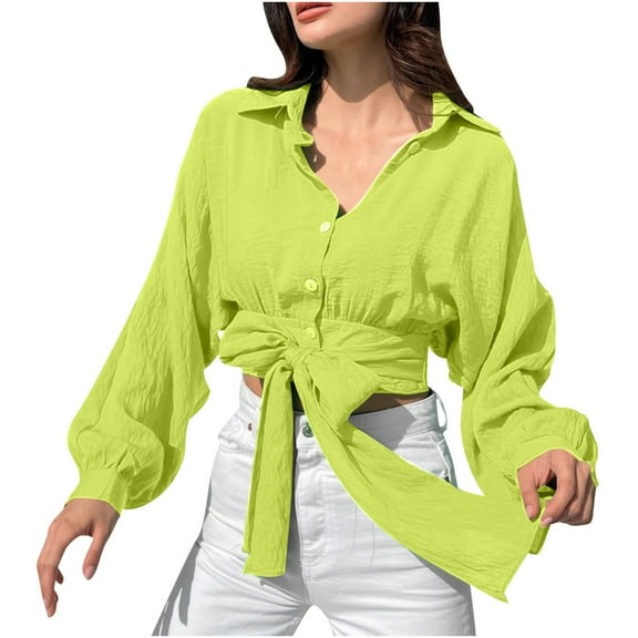 BLVB Womens Button down Shirts Tie Lapel Long Sleeve Crop Tops Trendy Spring Fall Going out Blouse