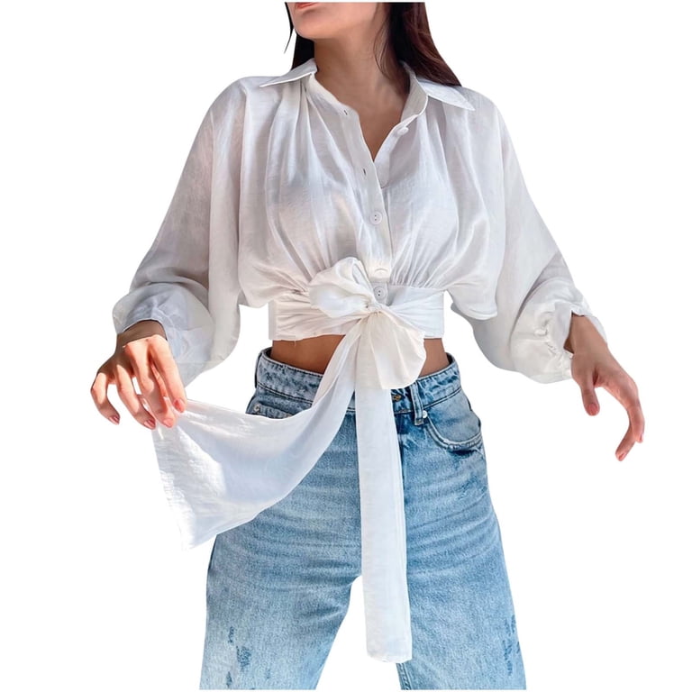 BLVB Womens Button down Shirts Tie Lapel Long Sleeve Crop Tops