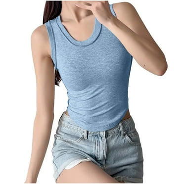 BLVB Womens Camisole Tops Casual Sleeveless Crew Neck Crop Tops Shirts Slim Fitted Basic Stretch Ribbed Tank Top