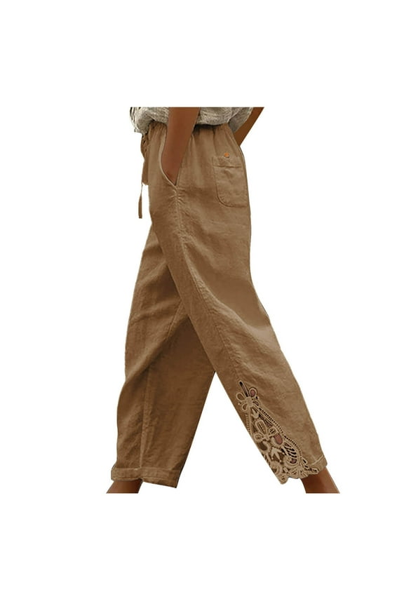 Womens Capri Pants Casual Cropped Pants Elastic Waist Summer Cotton Linen Trousers 3/4 Length Pants with Pockets