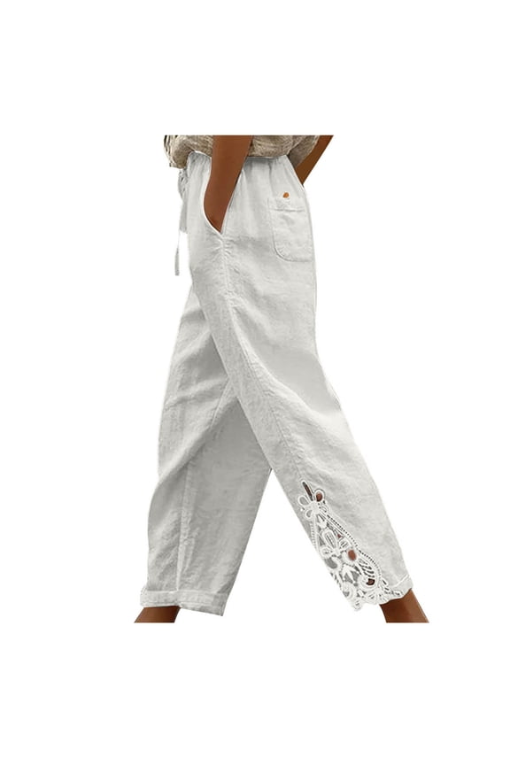 Womens Capri Pants Casual Cropped Pants Elastic Waist Summer Cotton Linen Trousers 3/4 Length Pants with Pockets