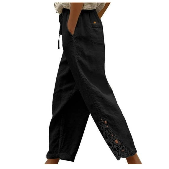 BLVB Womens Capri Pants Casual Cropped Pants Elastic Waist Summer Cotton Linen Trousers 3/4 Length Pants with Pockets
