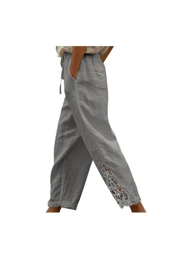 Womens Capri Pants Casual Cropped Pants Elastic Waist Summer Cotton Linen Trousers 3/4 Length Pants with Pockets
