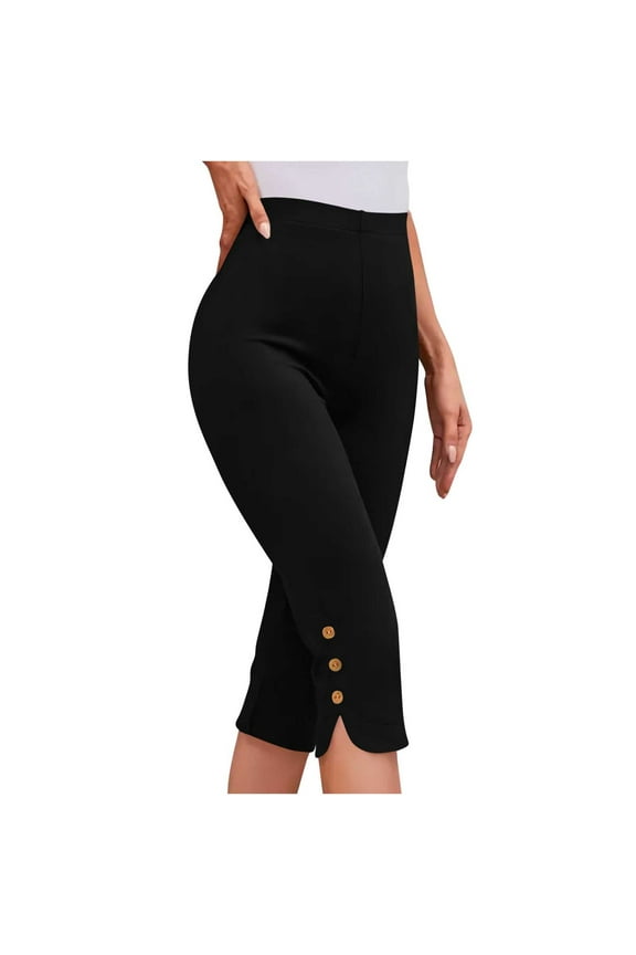 Womens Capris Leggings for Summer Dressy High Waist Pull on Capris Comfy Stretchy Cropped Trousers with Button