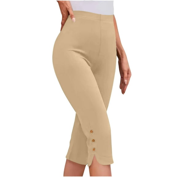 BLVB Womens Capris Leggings for Summer Dressy High Waist Pull on Capris Comfy Stretchy Cropped Trousers with Button