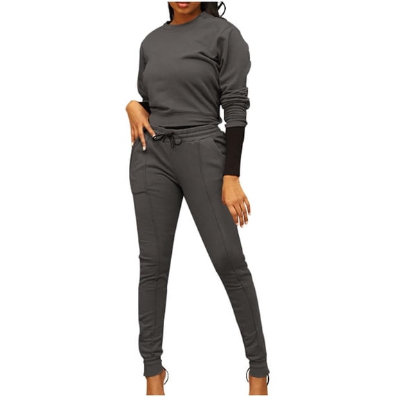 BLVB Womens Casual 2 Piece Outfits Crewneck Long Sleeve Tops and Drawstring Skinny Pants Matching Sets Tracksuits
