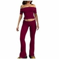 thumbnail image 1 of BLVB Womens Casual 2 Piece Outfits Long/Short Sleeve off Shoulder Crop Tops with Low Rise Flare Pants Workout Yoga Tracksuits, 1 of 7