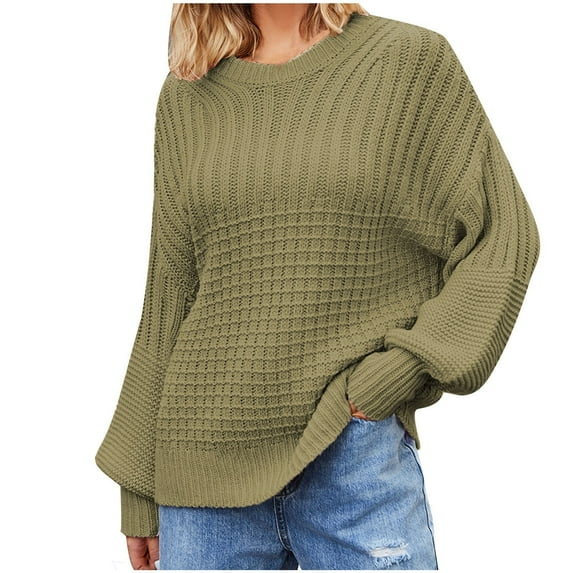BLVB Womens Casual Fall Sweaters Long Sleeve Ribbed Knit Sweater Loose Soft Crewneck Pullover Jumper Tops