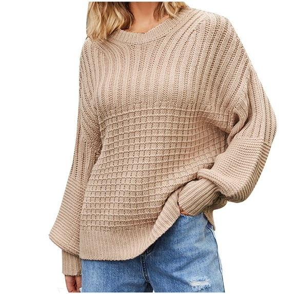 BLVB Womens Casual Fall Sweaters Long Sleeve Ribbed Knit Sweater Loose Soft Crewneck Pullover Jumper Tops