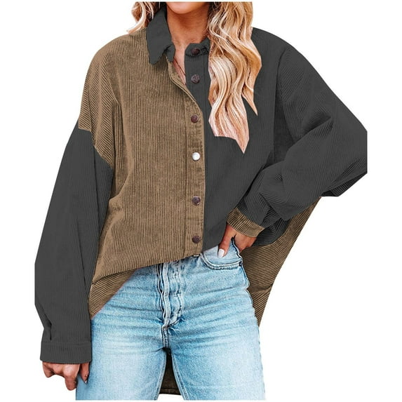 BLVB Womens Casual Button down Shirt Trendy Color Block Long Sleeve Blouse Tops Loose Fit Ladies Jackets Fall Clothes