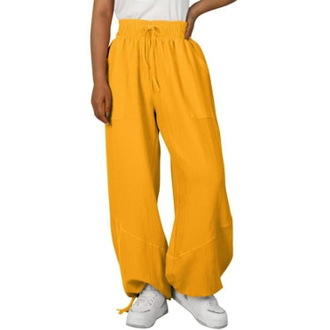 BLVB Womens Casual Cotton Linen Pants Solid Color Elastic High Waist Baggy Wide Leg Beach Lounge Pants with Pockets