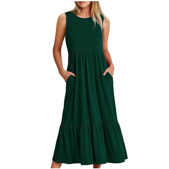 BLVB Womens Casual Dresses with Pockets Flowy Maxi Dress for Womens Crewneck Sleeveless Summer Long Beach Sundress