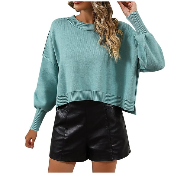 BLVB Womens Casual Fall Crop Sweaters Long Sleeve Ribbed Knit Sweater Loose Soft Crewneck Pullover Blouse Tops