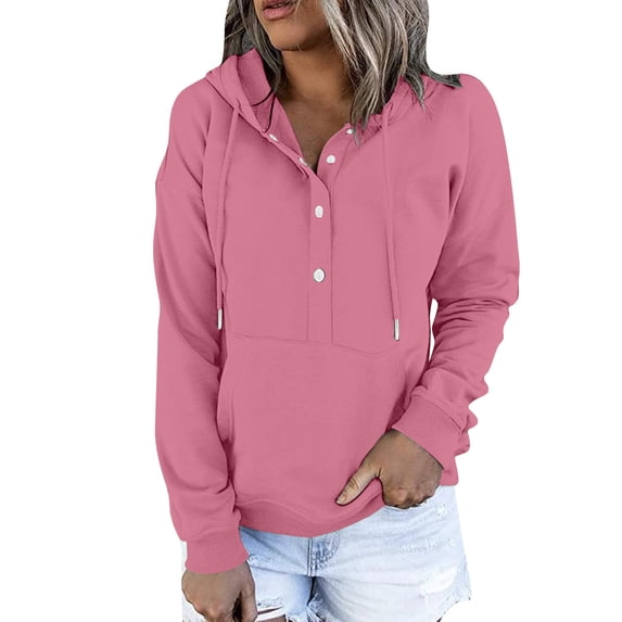 BLVB Womens Casual Hoodies Pullover Tops Button Collar Drawstring Long Sleeve Sweatshirts Fall Clothes With Pocket