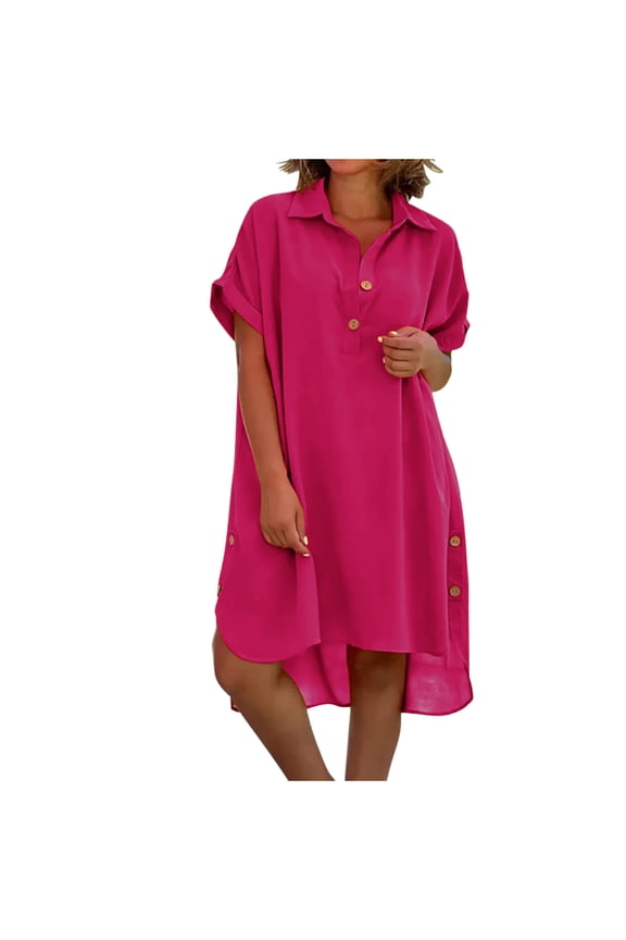 Womens Casual Summer Dress Short Sleeve Button V Neck Collared Dresses Plain Loose Hi-Lo Hem Flowy Shirts Dress
