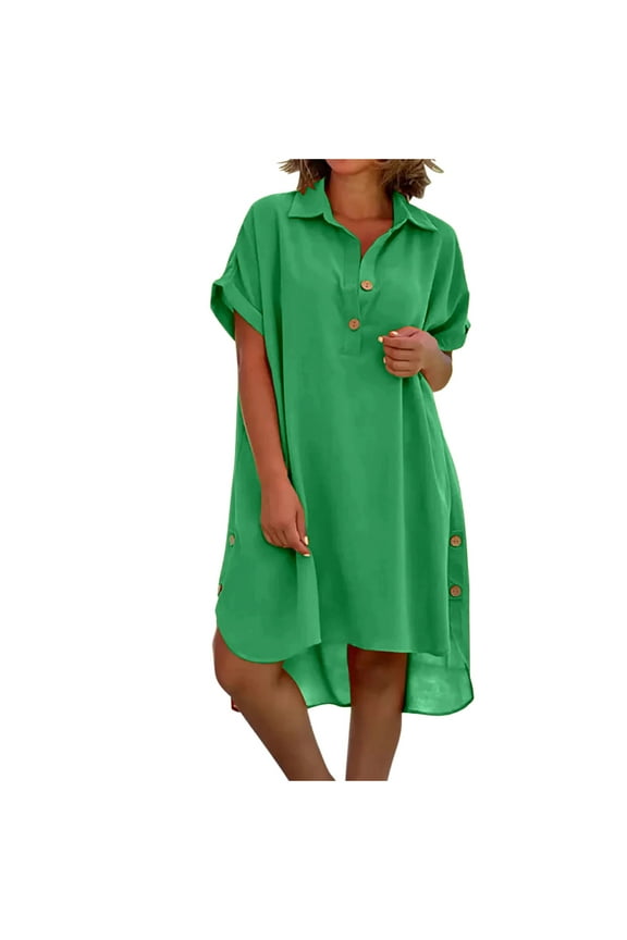 Womens Casual Summer Dress Short Sleeve Button V Neck Collared Dresses Plain Loose Hi-Lo Hem Flowy Shirts Dress