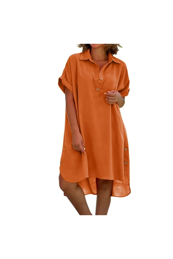 Womens Casual Summer Dress Short Sleeve Button V Neck Collared Dresses Plain Loose Hi-Lo Hem Flowy Shirts Dress