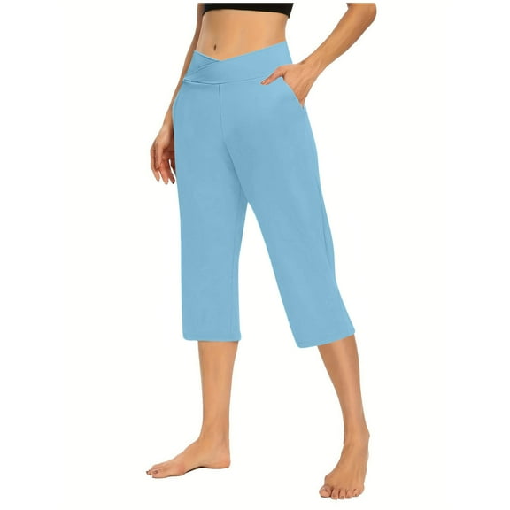 BLVB Womens Casual Wide Leg Yoga Capris Crossover High Waist Capri Pants Loose Soft Pajama Bottoms Pockets Sweatpants for Summer