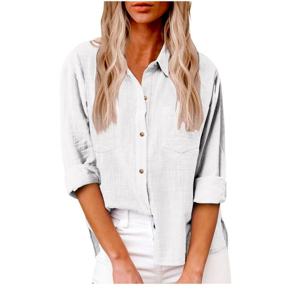 BLVB Womens Cotton Button down Shirt Casual Long Sleeve Loose Collared Linen Work Blouse Tops with Pocket Fashion