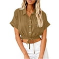 thumbnail image 1 of BLVB Womens Cotton Linen Button down Cropped Shirts Short Sleeve Casual Crop Tops Solid Lapel Blouse Shirt with Chest Pocket, 1 of 6