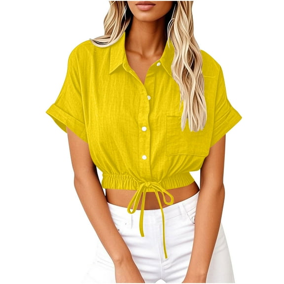BLVB Womens Cotton Linen Button down Cropped Shirts Short Sleeve Casual Crop Tops Solid Lapel Blouse Shirt with Chest Pocket