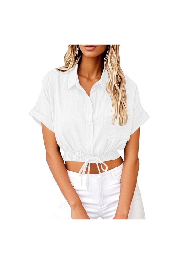 Womens Cotton Linen Button down Cropped Shirts Short Sleeve Casual Crop Tops Solid Lapel Blouse Shirt with Chest Pocket